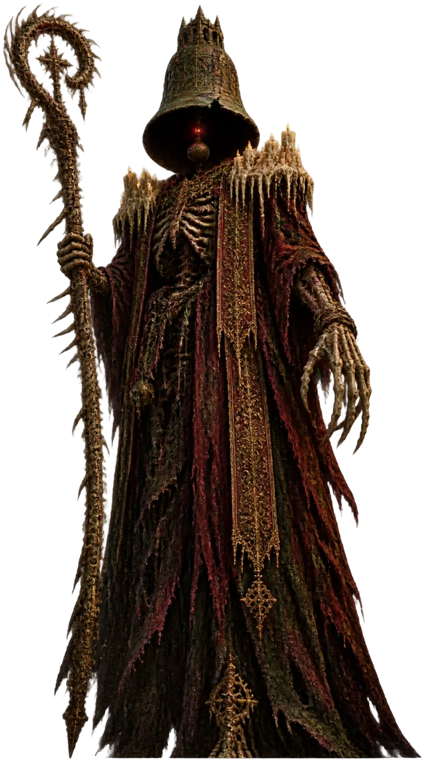 The Hollow Bishop: a towering bishop of bone with a cracked bronze bell for a head, a red light hanging inside.