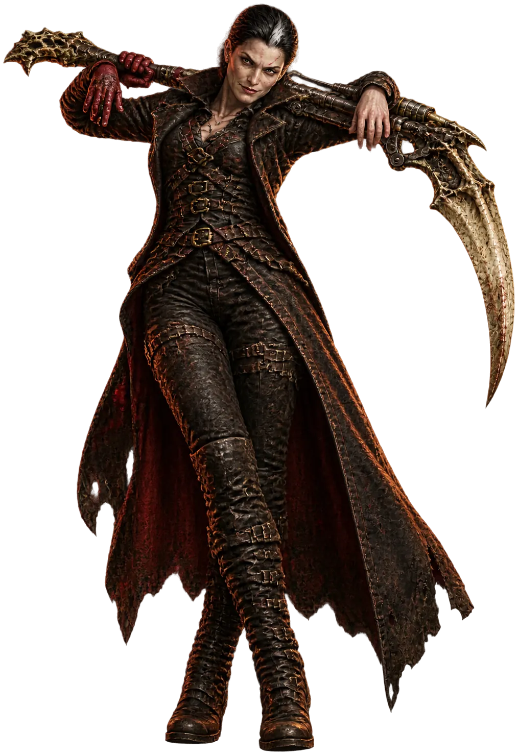 Corvina Dray leans back with the folded scythe across her shoulders.