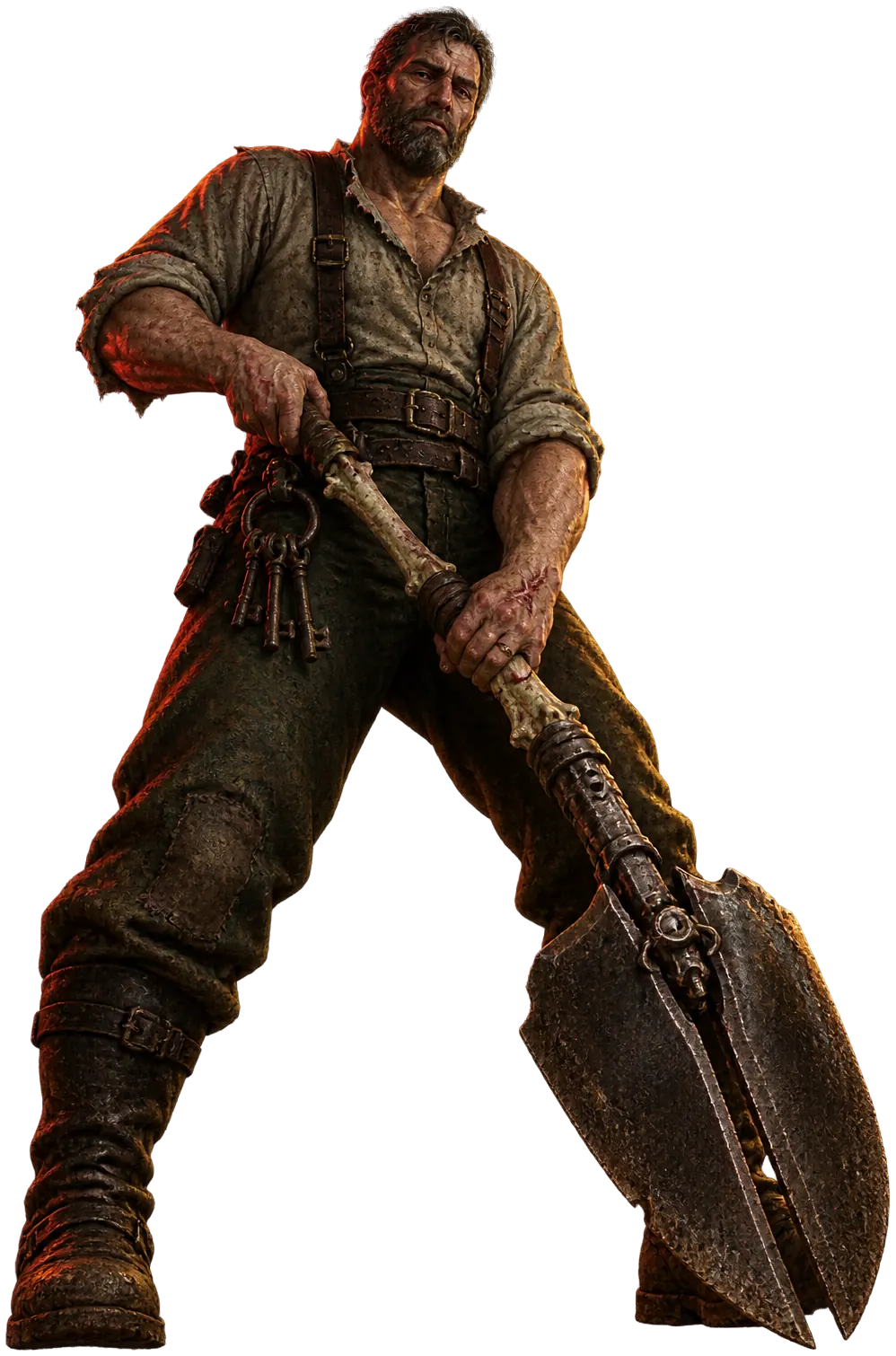 Hale Mortimer plants his feet, the split spade-hammer in both hands.