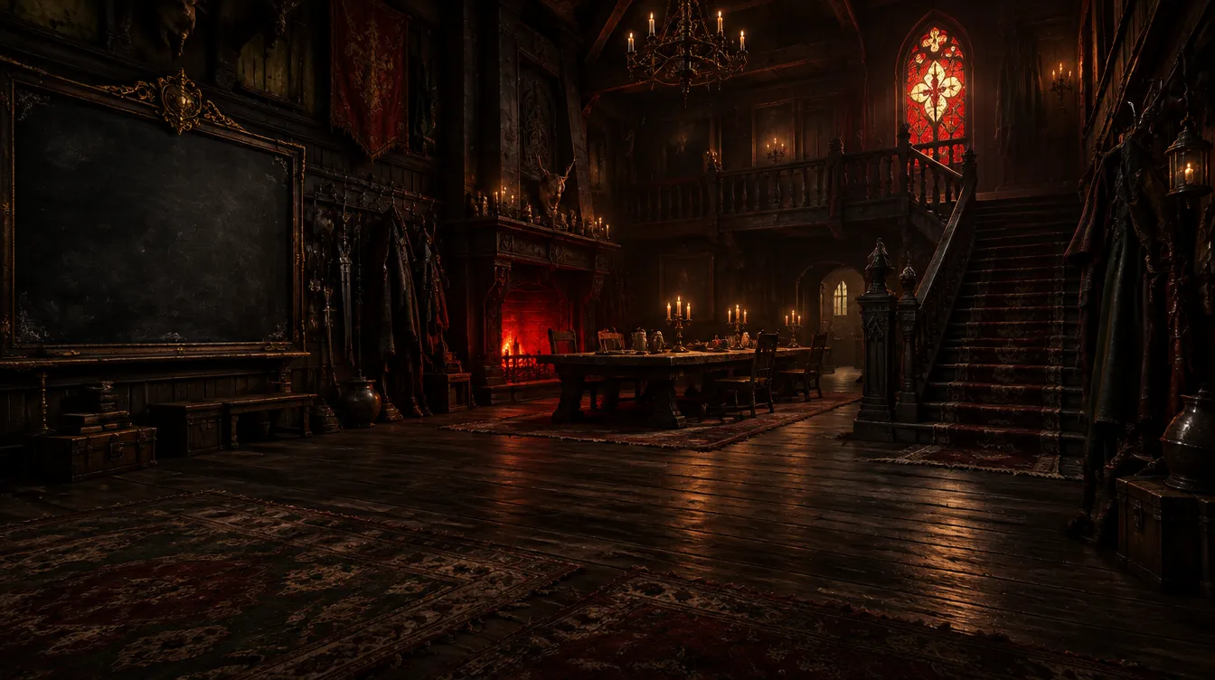 The hall of Ma Pell's boarding house: a staircase, a long table with candles, a red fire.