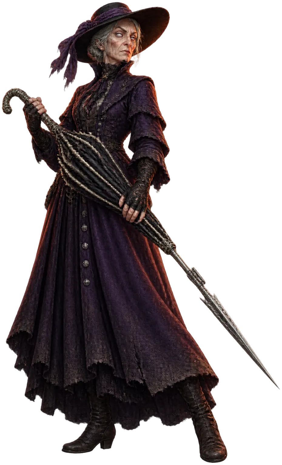 Ma Pell in a wide black hat holds her parasol like a spear.