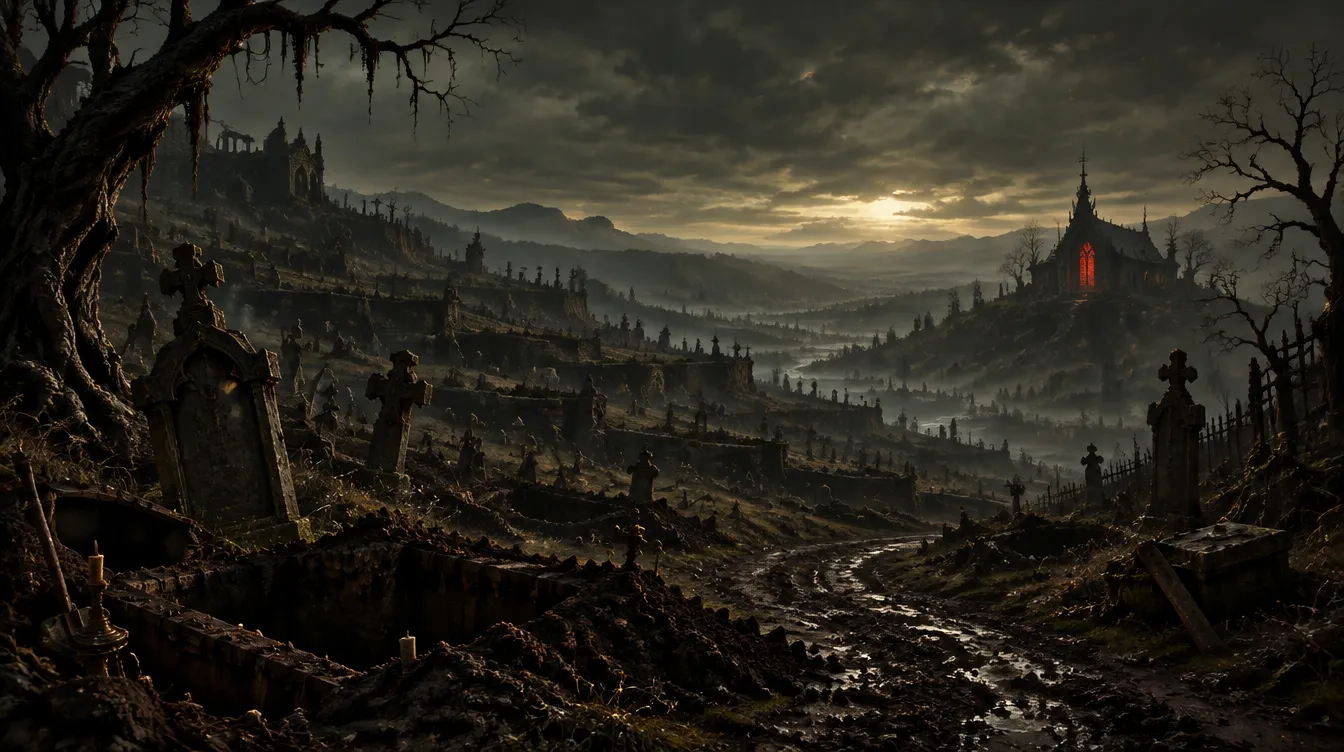 Marrowfen at dusk: terraced graveyards fall into a misty valley, a chapel window glows red.